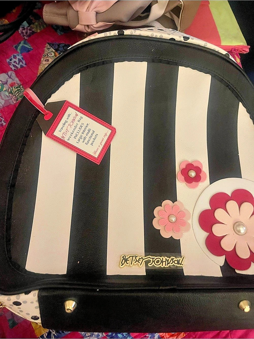 Betsey Johnson Floral Striped Weekender Bag Tote in Black & White